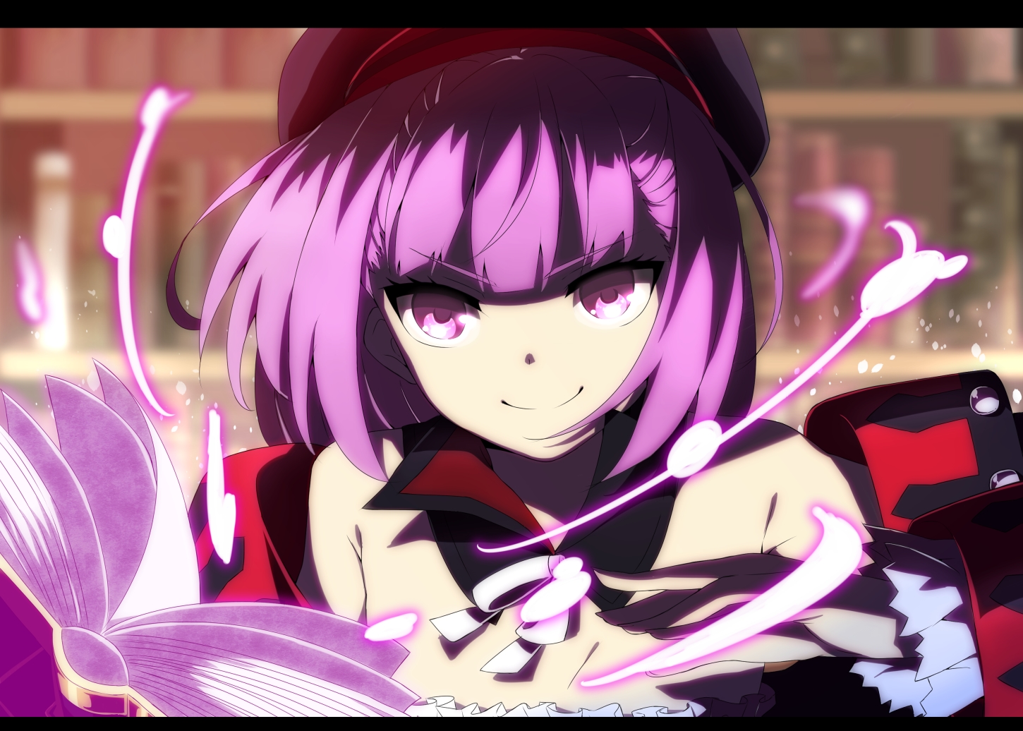 book, close, collar, fate/grand_order, fate_(series), hat, helena_blavatsky_(fate), magic, purple_eyes, purple_hair, shiime, short_hair