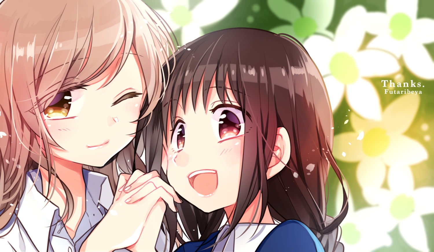 2girls, blonde_hair, braids, brown_hair, close, long_hair, original, ponytail