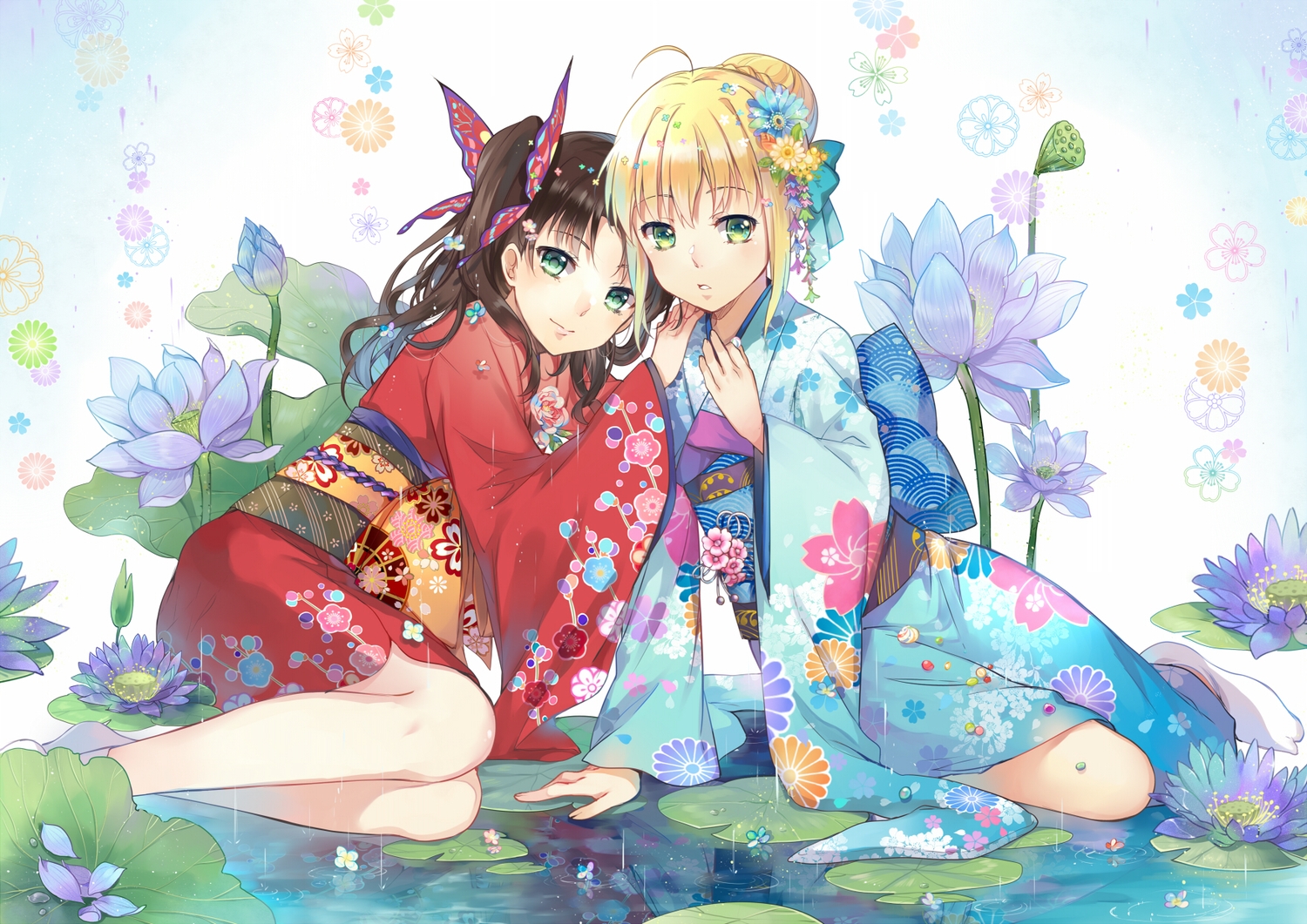 2girls, artoria_pendragon_(all), blonde_hair, braids, brown_hair, ekira_nieto, fate_(series), fate/stay_night, flowers, green_eyes, japanese_clothes, kimono, leaves, saber, socks, tohsaka_rin, twintails, water