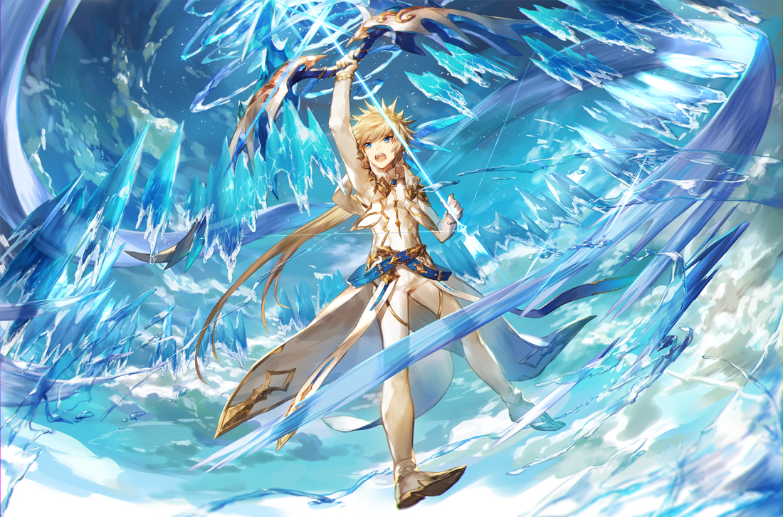 all_male, aqua_eyes, blonde_hair, bodysuit, boots, bow_(weapon), clouds, gloves, long_hair, magic, male, scorpion5050, sky, sorey_(zestiria), tales_of_zestiria, weapon