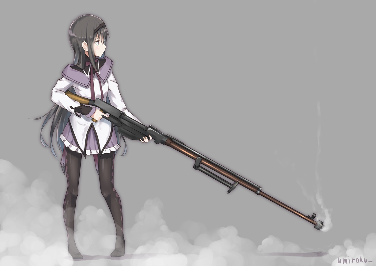 akemi_homura, black_eyes, black_hair, gray, gun, headband, long_hair, mahou_shoujo_madoka_magica, pantyhose, school_uniform, signed, umiroku, weapon
