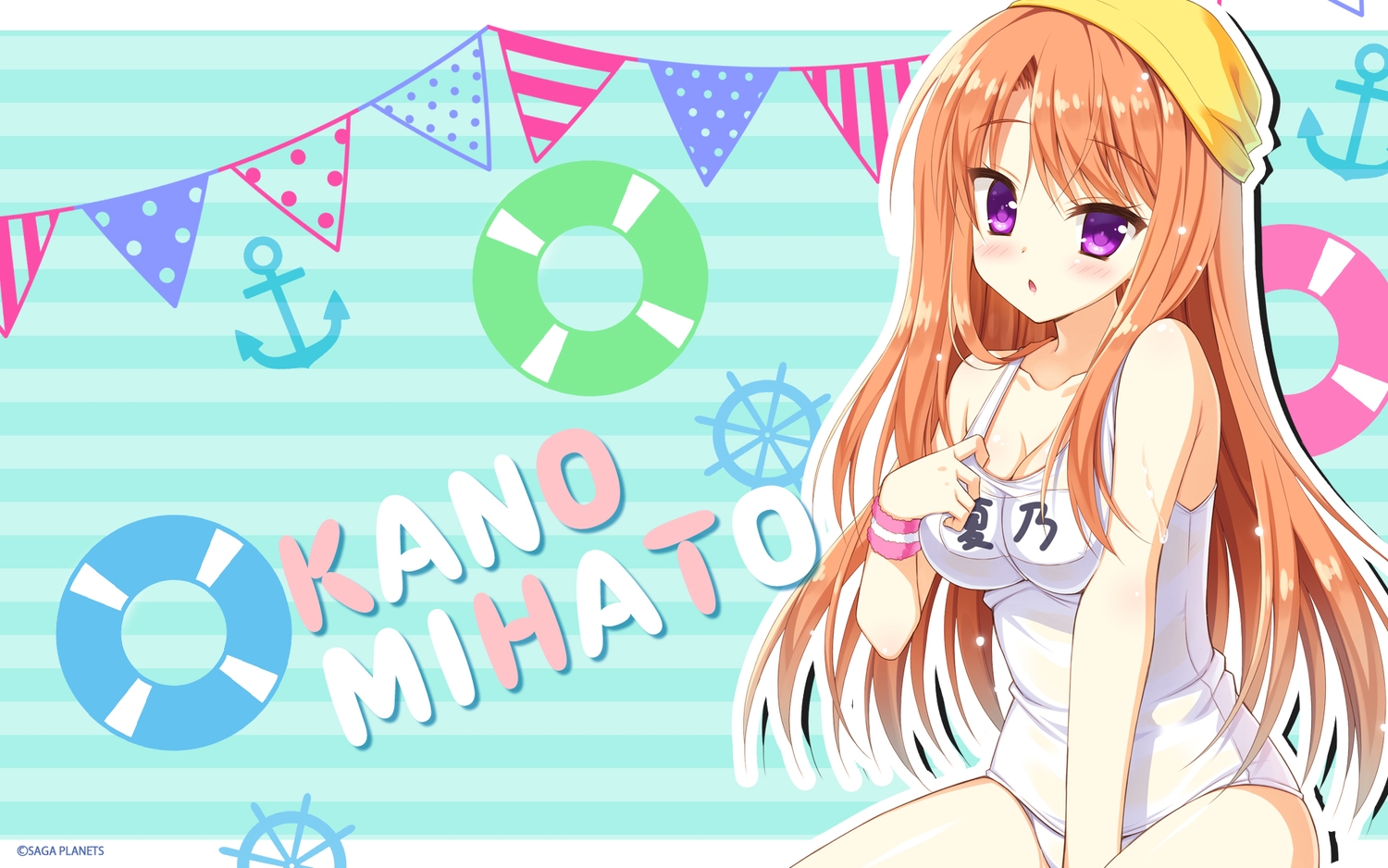 blush, breasts, cleavage, floral_flowlove, hat, hontani_kanae, long_hair, mihato_kano, orange_hair, purple_eyes, saga_planets, school_swimsuit, swimsuit, wristwear