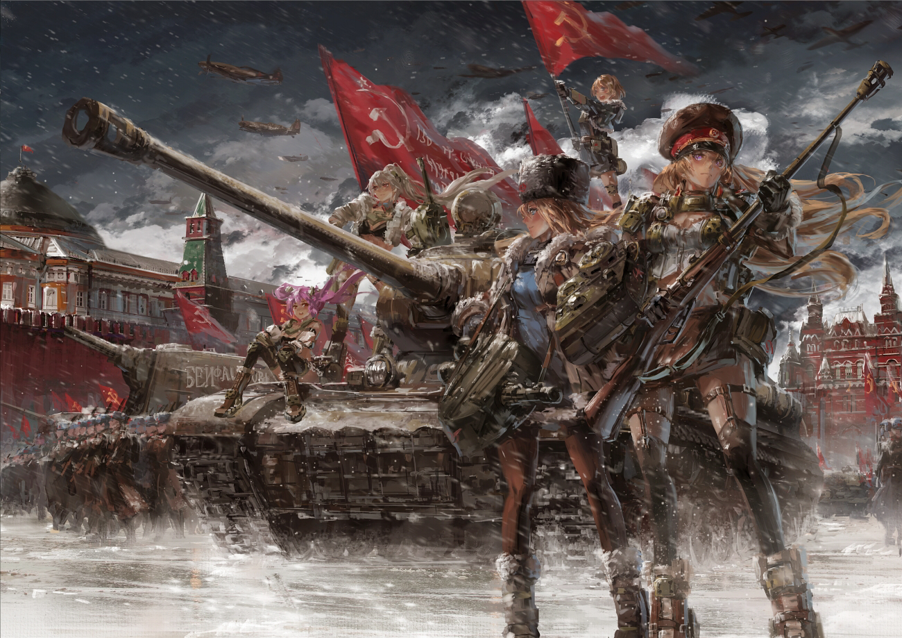 blonde_hair, blue_eyes, combat_vehicle, group, long_hair, military, purple_eyes, purple_hair, snow, stu_dts, weapon