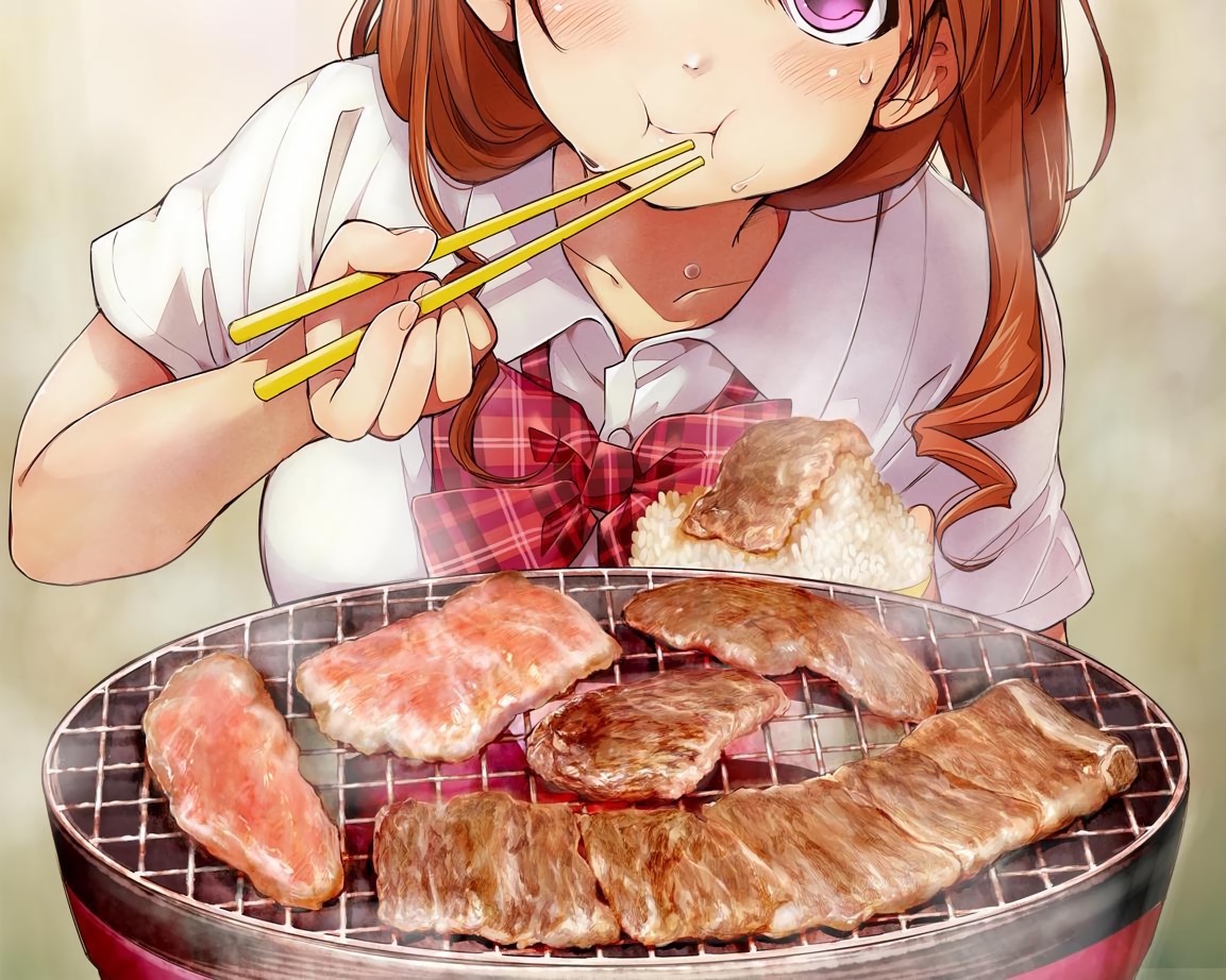 blush, bow, cropped, food, kawai_makoto, koufuku_graffiti, long_hair, machiko_ryou, orange_hair, purple_eyes, school_uniform, tie