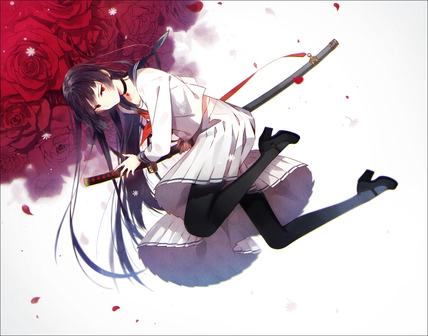 black_hair, choker, flowers, hakusai_(tiahszld), katana, long_hair, necklace, original