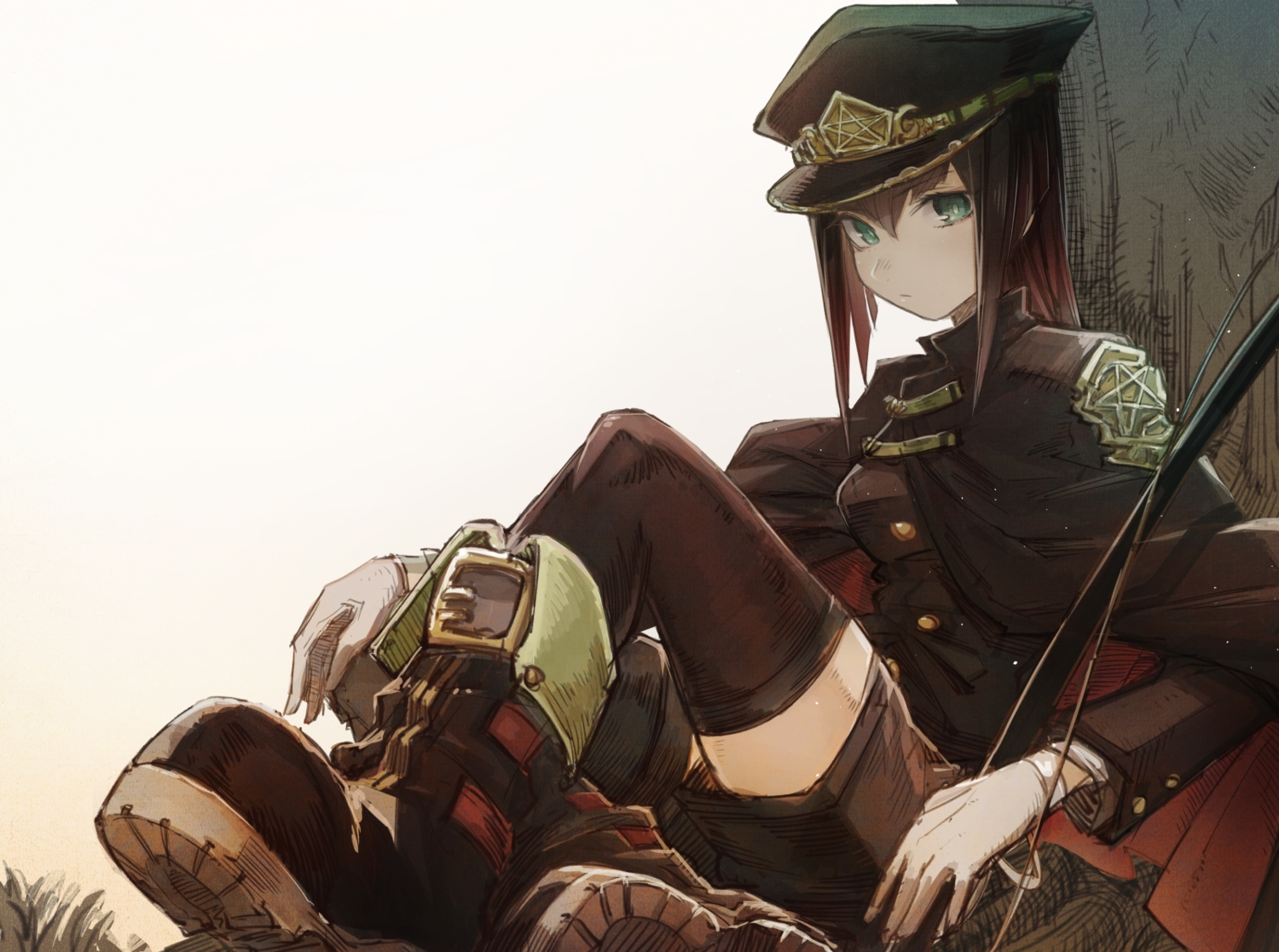 boots, brown_hair, cape, gloves, green_eyes, hat, long_hair, mephist-pheles, military, original, shorts, thighhighs, weapon, zettai_ryouiki