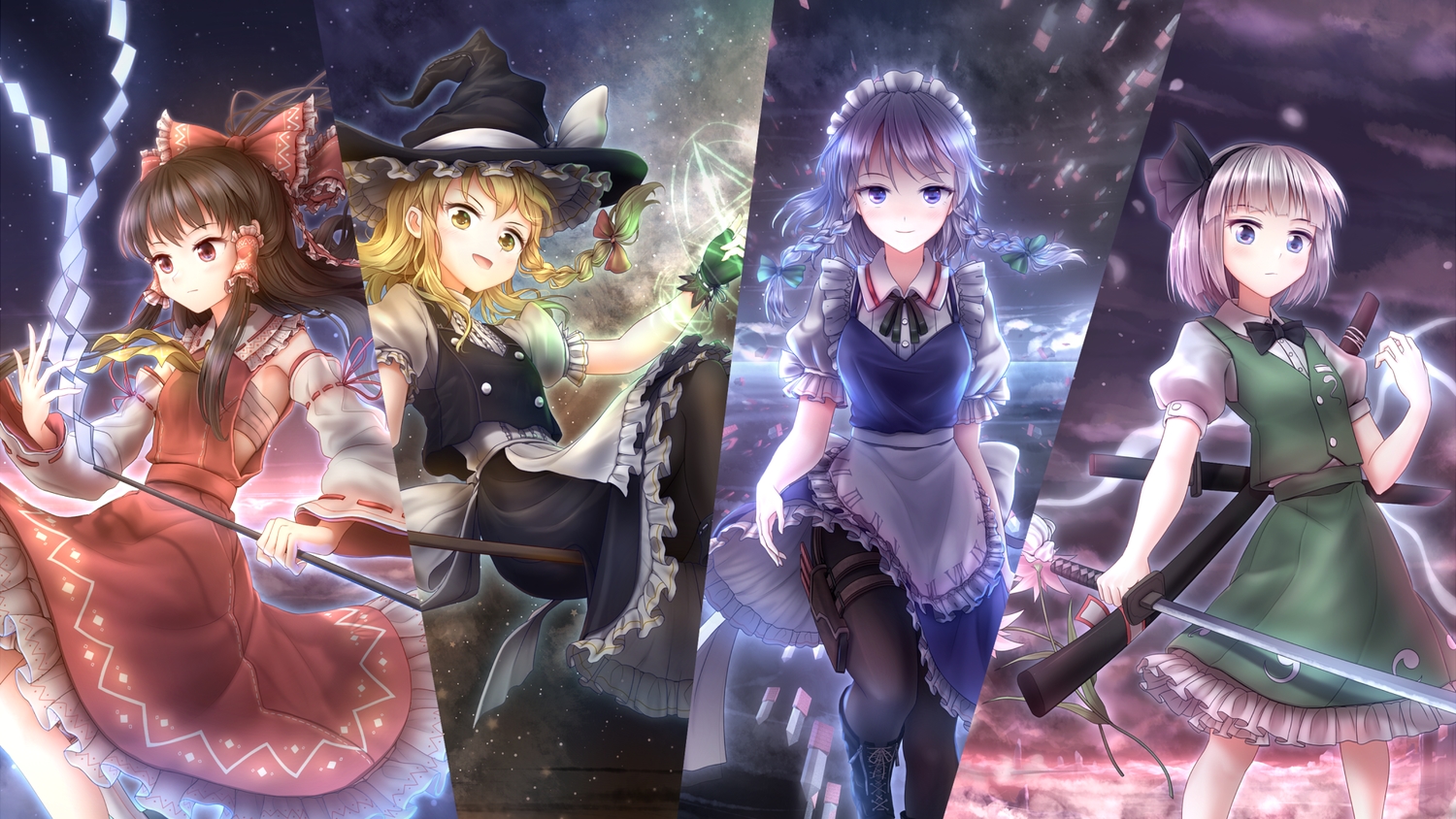 apron, blonde_hair, blue_eyes, boots, bow, braids, brown_hair, garter