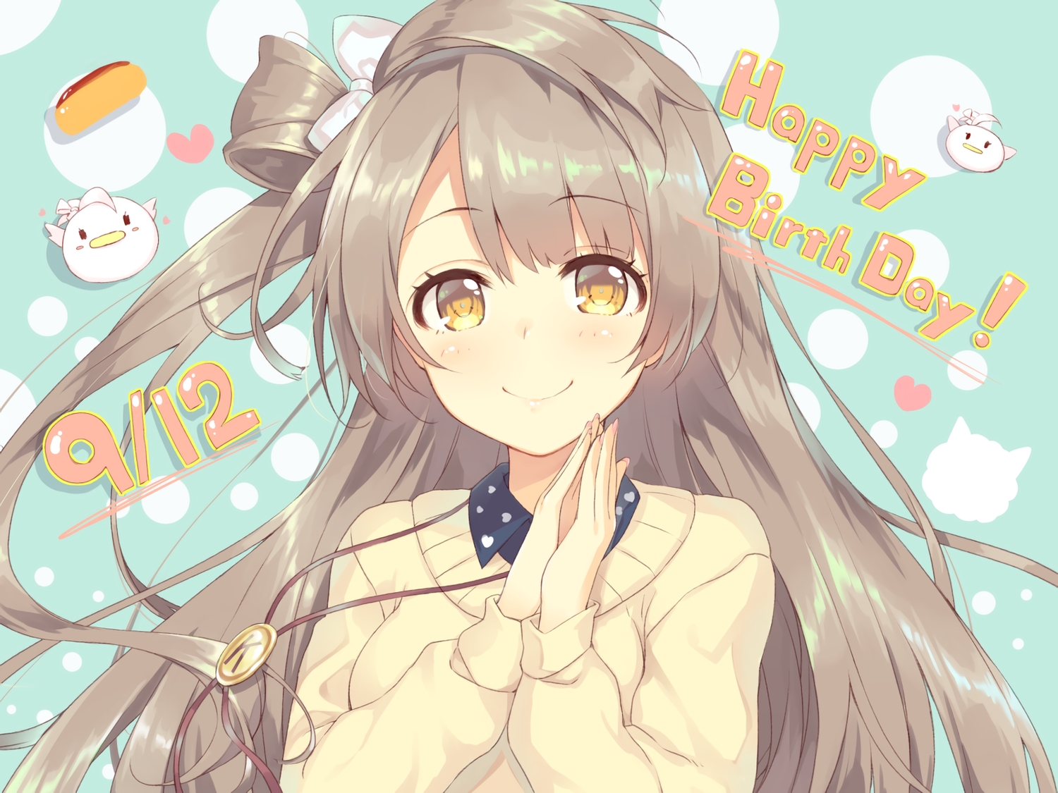 animal, bird, bow, brown_hair, close, kokusan_moyashi, long_hair, love_live!_school_idol_project