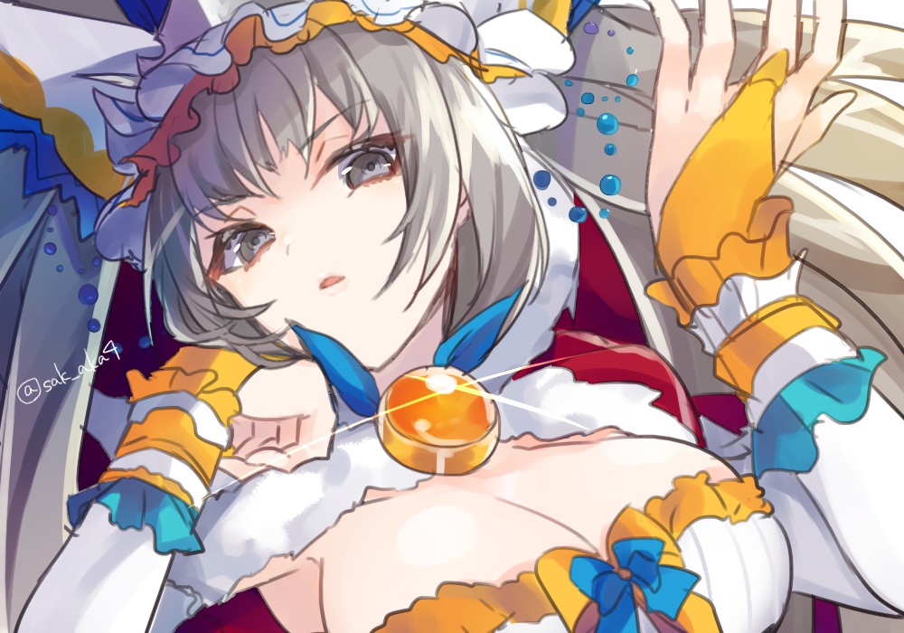 breasts, cape, cinderella_(divine_gate), cleavage, divine_gate, elbow_gloves, gloves, gray_eyes