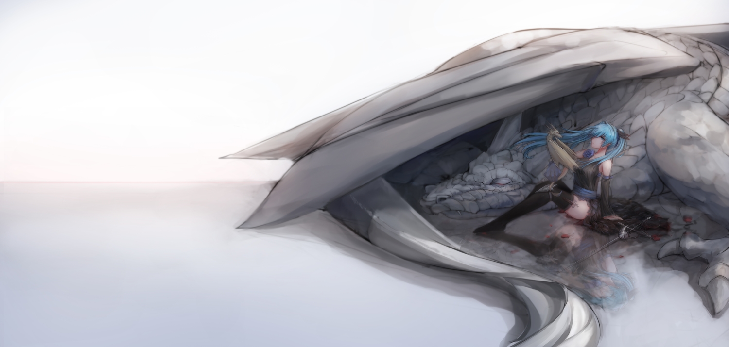 aqua_eyes, aqua_hair, dragon, dress, gradient, hatsune_miku, knife, long_hair