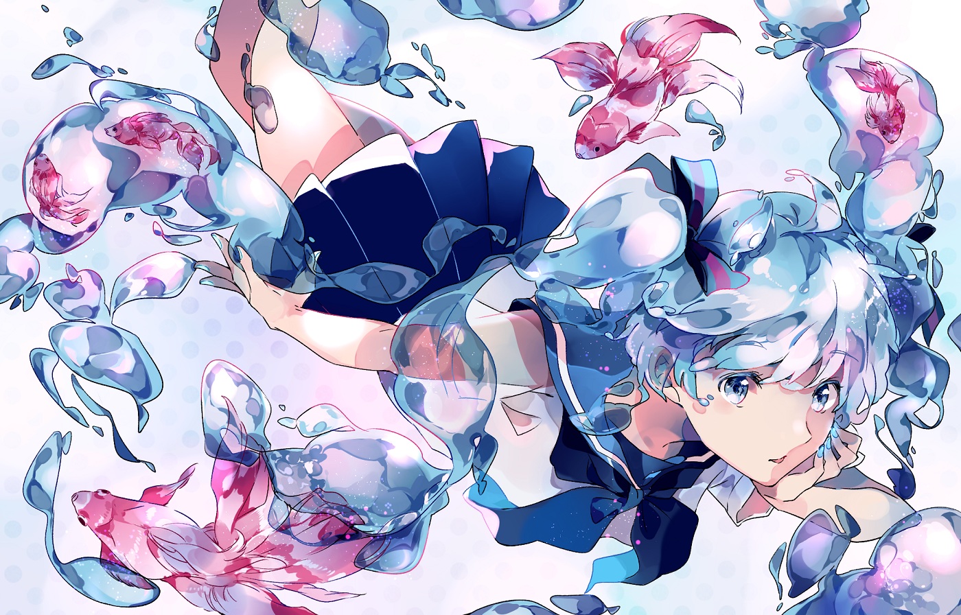 aliasing, animal, bottle_miku, fish, hatsune_miku, manako_(manatera), twintails, vocaloid