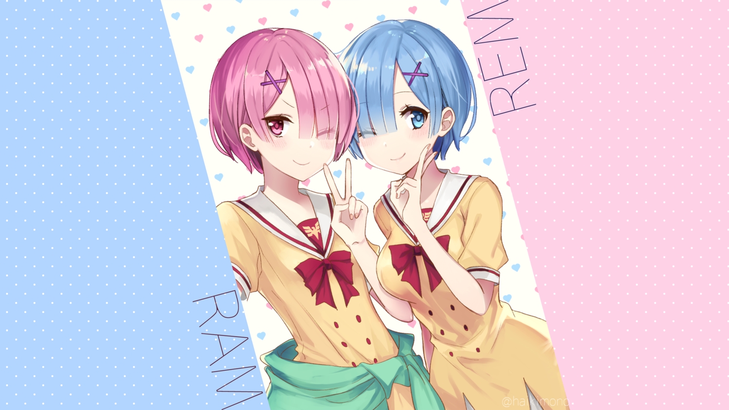 2girls, aqua_eyes, aqua_hair, blush, bow, haikimono, pink_eyes, pink_hair, ram_(re:zero), rem_(re:zero), re:zero_kara_hajimeru_isekai_seikatsu, ribbons, school_uniform, short_hair, signed, third-party_edit, twins, wink