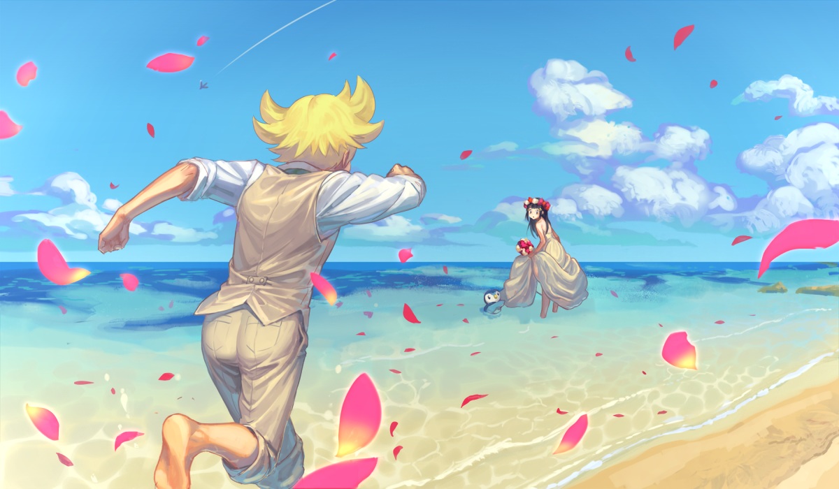 barefoot, beach, black_hair, blonde_hair, clouds, flowers, headdress, hikari_(pokemon)