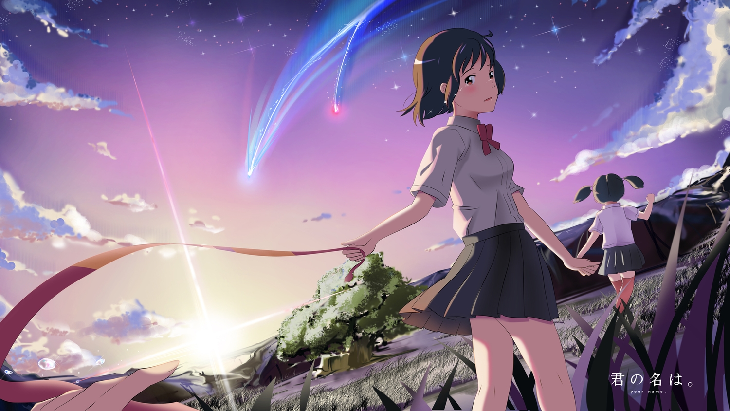 bow, brown_eyes, brown_hair, clouds, edogawakid, kimi_no_na_wa, miyamizu_mitsuha, miyamizu_yotsuha, school_uniform, short_hair, skirt, sky, tears, thighhighs