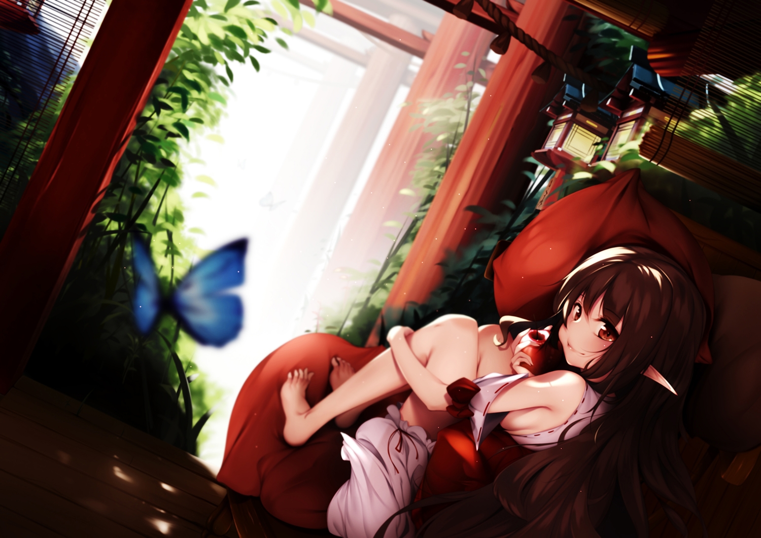 apple, barefoot, brown_eyes, brown_hair, butterfly, food, fruit, loli