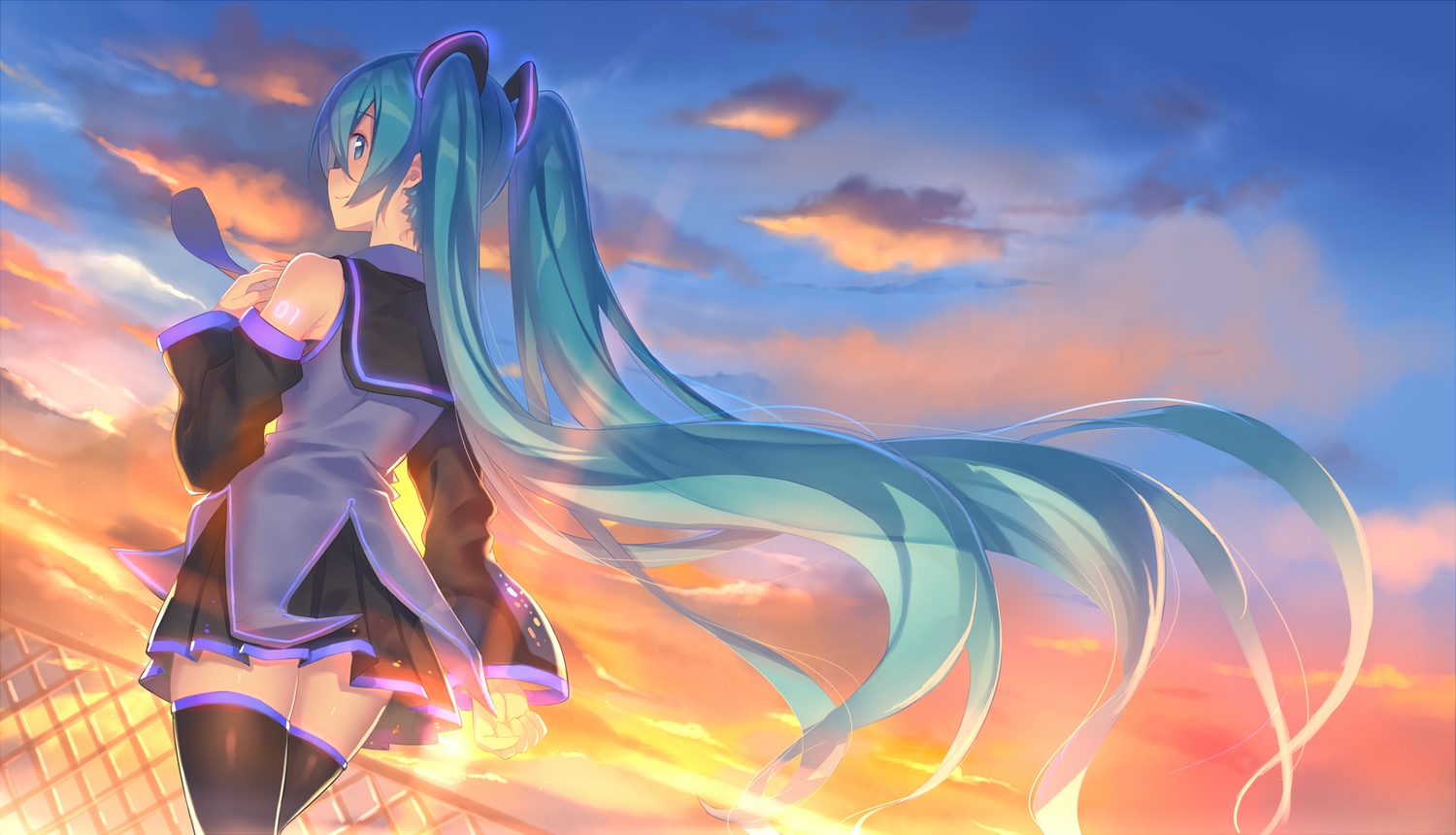 aqua_eyes, aqua_hair, clouds, hatsune_miku, kame^^, long_hair, skirt, sky