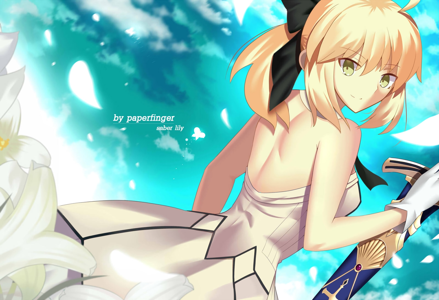 artoria_pendragon_(all), blonde_hair, bow, fate_(series), fate/stay_night, gloves, green_eyes, paperfinger