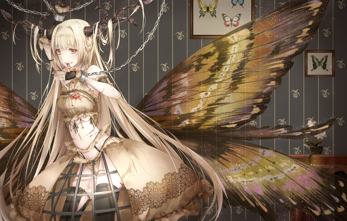 blonde_hair, blood, butterfly, chain, kinokohime_(mican02rl), long_hair, original, wings