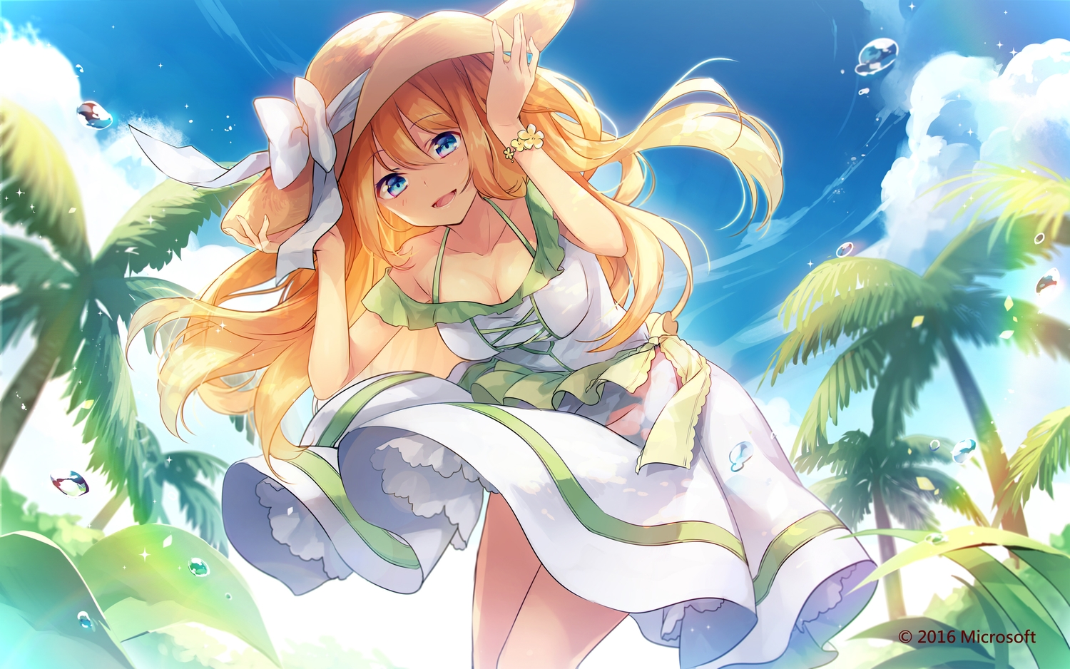aizawa_hikaru, aqua_eyes, blonde_hair, breasts, cleavage, clouds, dress, hat