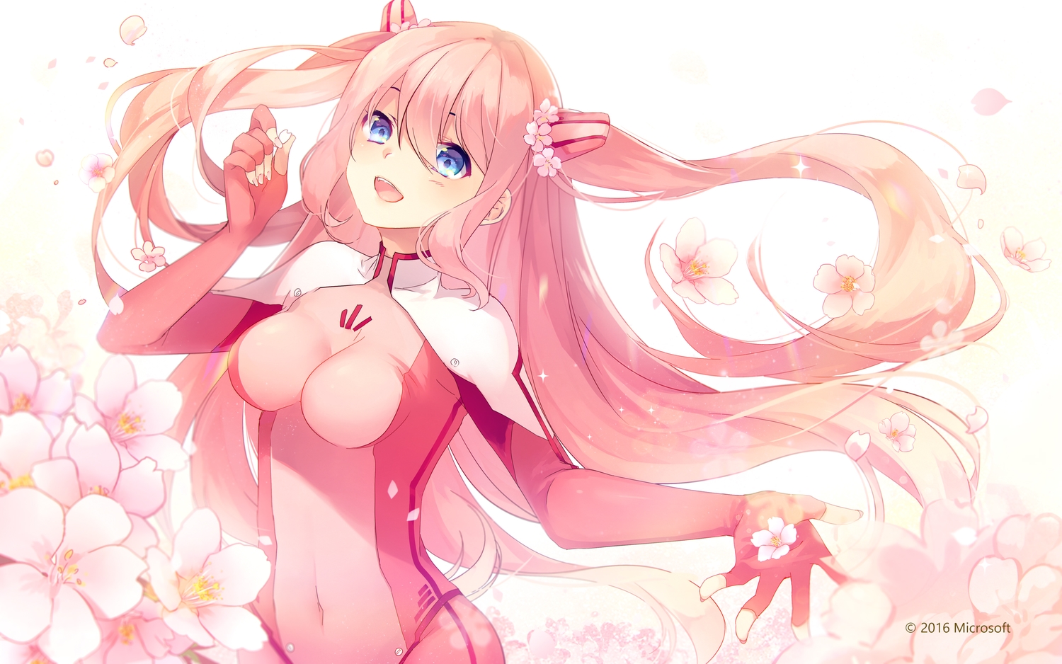 aizawa_hikaru, aqua_eyes, bodysuit, breasts, cherry_blossoms, elbow_gloves, flowers, gloves