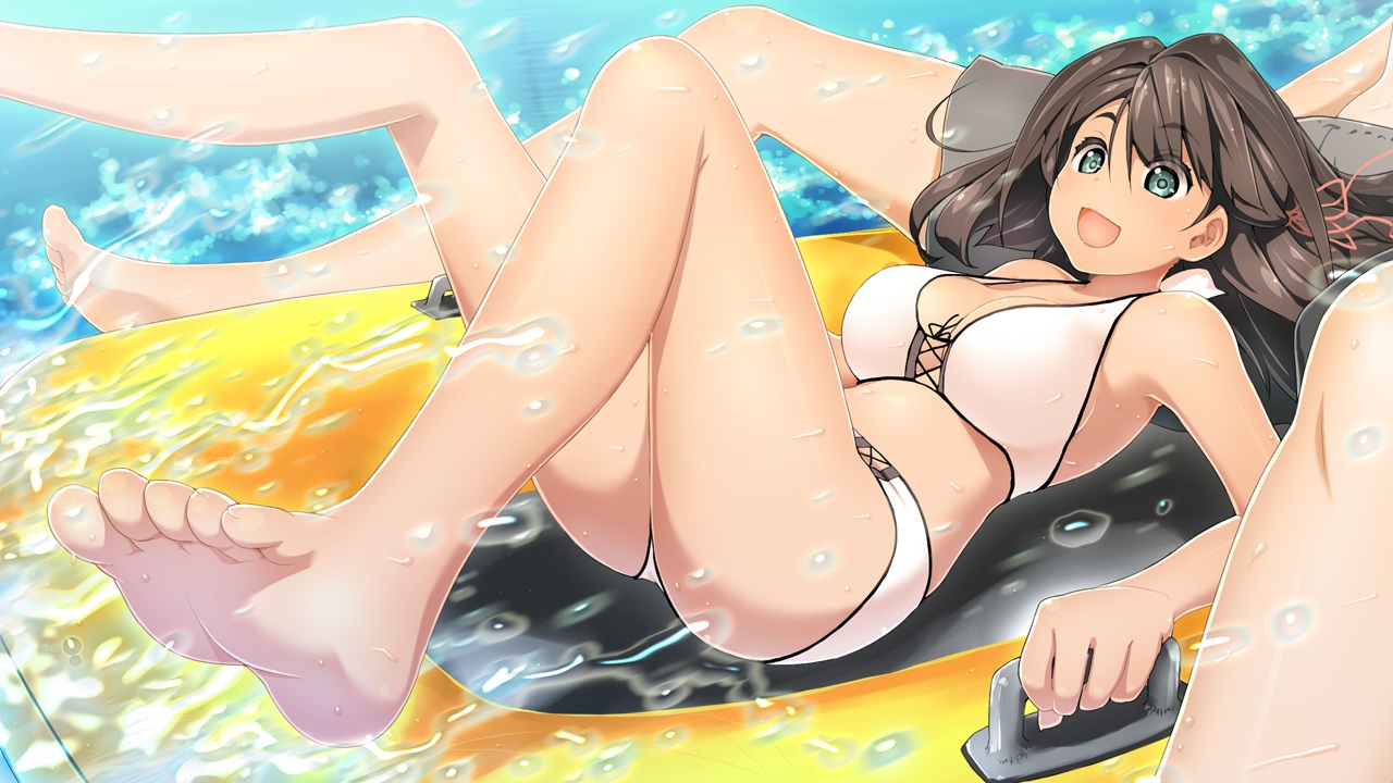 akata_itsuki, aqua_eyes, barefoot, bikini, breasts, brown_hair, cleavage, game_cg, kokoro_rista!, long_hair, male, mercedes_japon_ureña, swimsuit, water