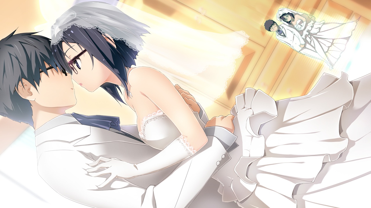 akata_itsuki, black_hair, blue_hair, breasts, cleavage, dress, game_cg, gloves