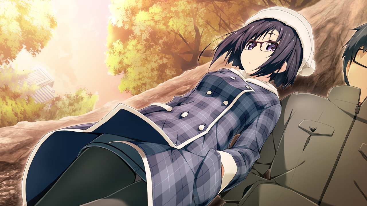 akata_itsuki, black_hair, building, game_cg, glasses, hat, kokoro_rista!, nagasawa_yukine