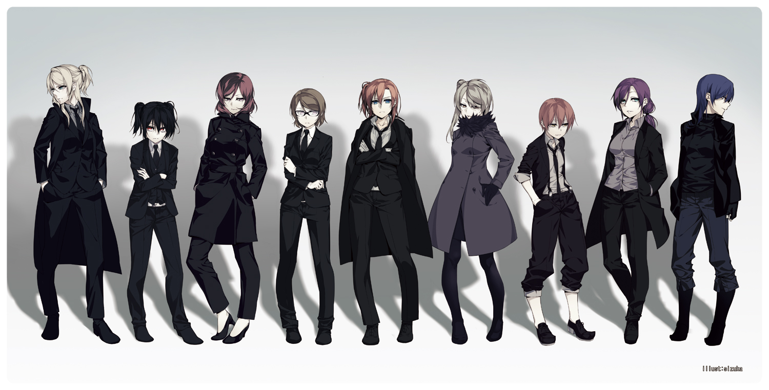 ayase_eri, ghost_in_the_shell, ghost_in_the_shell:_stand_alone_complex, group, hoshizora_rin, koizumi_hanayo, kousaka_honoka, love_live!_school_idol_project, minami_kotori, nishikino_maki, parody, sizuka_(takuma0), sonoda_umi, suit, tie, toujou_nozomi, yazawa_nico