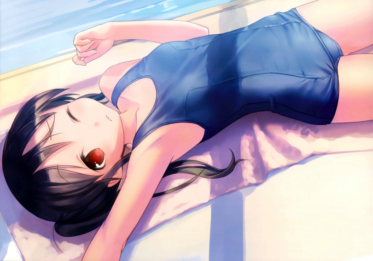 black_hair, kogemashita, loli, long_hair, original, red_eyes, scan, school_swimsuit, swimsuit, takoyaki_(roast), twintails, wink
