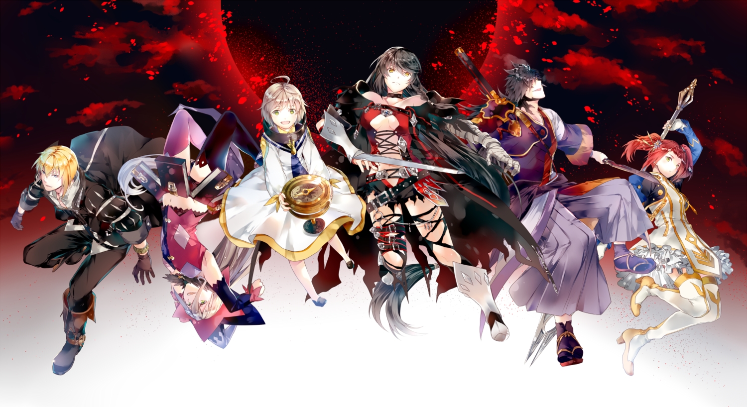 aliasing, armor, bandage, black_hair, blonde_hair, book, boots, breasts, brown_hair, cape, collar, dress, eizen_(zestiria), eleanor_hume, gloves, gray_hair, green_eyes, group, hat, japanese_clothes, laphicet, long_hair, magilou, male, navel, rangetsu_rokurou, red_hair, short_hair, shorts, socks, staff, sword, tagme_(artist), tales_of_berseria, thighhighs, torn_clothes, twintails, velvet_crowe, weapon, witch_hat, yellow_eyes