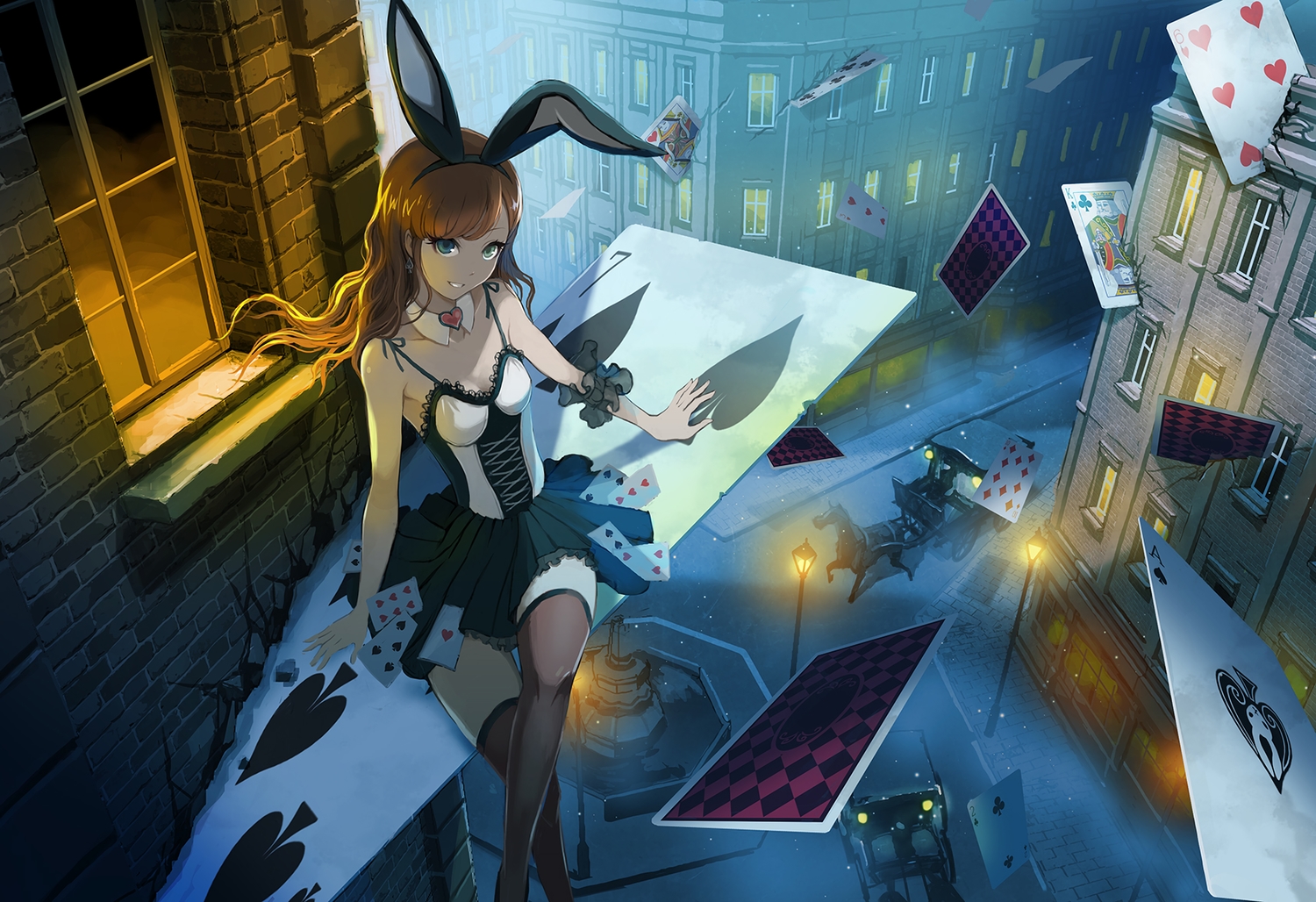 animal, animal_ears, breasts, brown_hair, building, bunny_ears, bunnygirl, city, cleavage, collar, green_eyes, headband, horse, long_hair, night, original, thighhighs, ume_(illegal_bible)