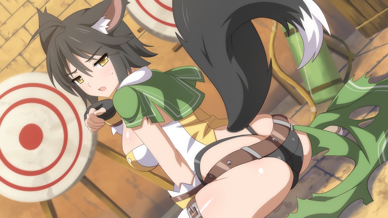 animal_ears, ass, black_hair, foxgirl, game_cg, gloves, panties, sakura_dungeon, short_hair, tail, torn_clothes, underwear, wanaca, winged_cloud, yellow_eyes