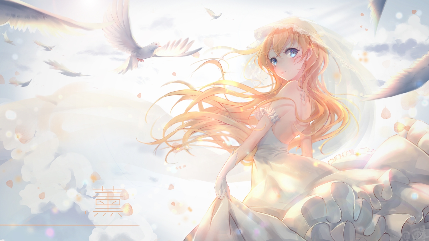 animal, bird, blonde_hair, blue_eyes, clouds, elbow_gloves, gloves, long_hair, miyazono_kaori, shigatsu_wa_kimi_no_uso, watermark, wedding_attire, xing