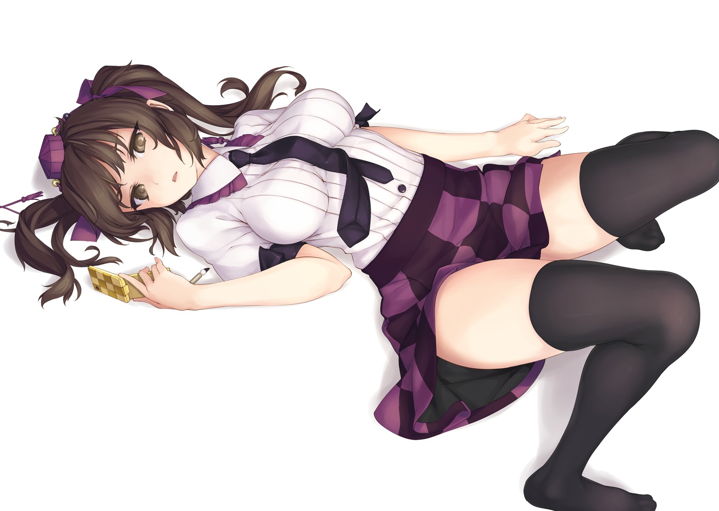 breasts, brown_eyes, brown_hair, hat, himekaidou_hatate, long_hair, phone, rokuwata_tomoe, skirt, thighhighs, tie, touhou, twintails, white