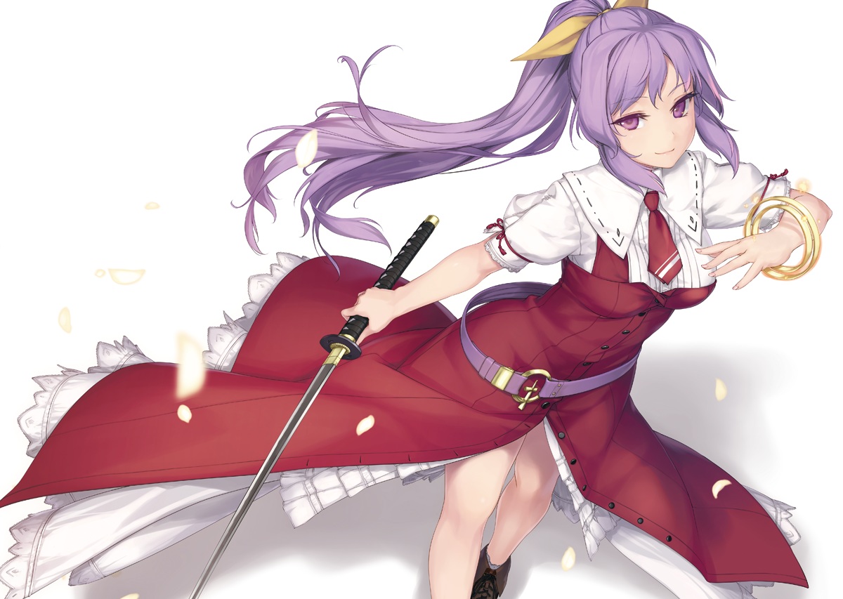 aliasing, boots, dress, katana, long_hair, petals, ponytail, purple_eyes