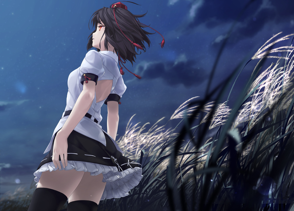 black_hair, clouds, grass, hat, night, orange_eyes, rokuwata_tomoe, shameimaru_aya