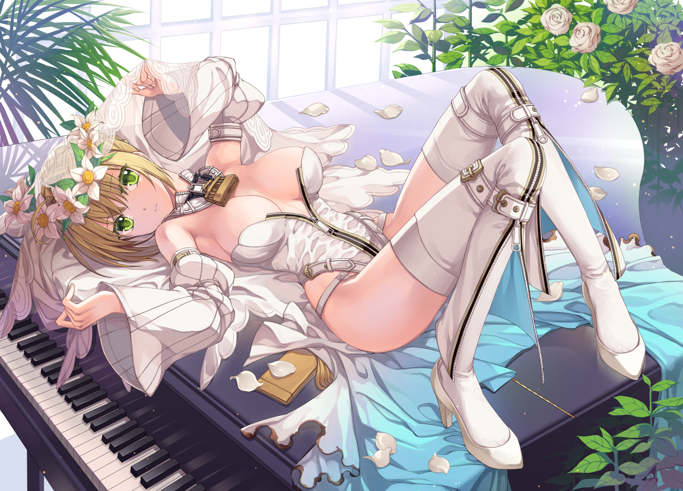 aliasing, blonde_hair, bodysuit, breasts, collar, fate/extra, fate/extra_ccc, fate_(series), flowers, green_eyes, headdress, instrument, jh, leaves, nero_claudius_(bride), nero_claudius_(fate), no_bra, petals, piano, rose, thighhighs