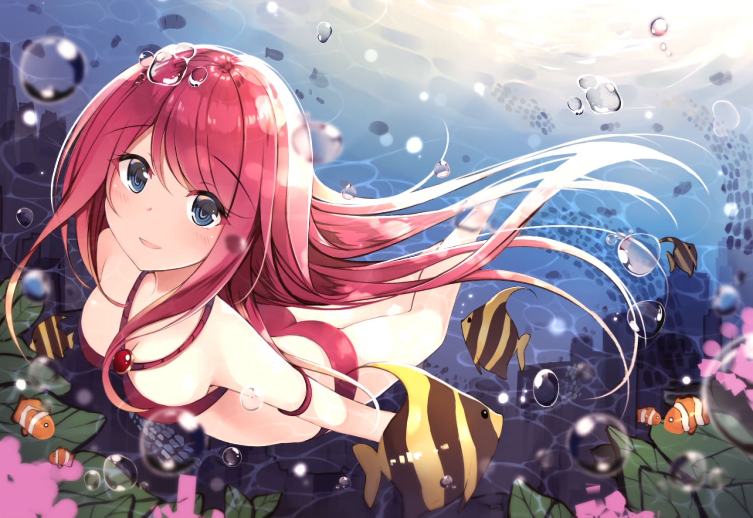 animal, bikini, blue_eyes, bubbles, fish, leaves, long_hair, netarou, original, red_hair, swimsuit, underwater, waifu2x, water