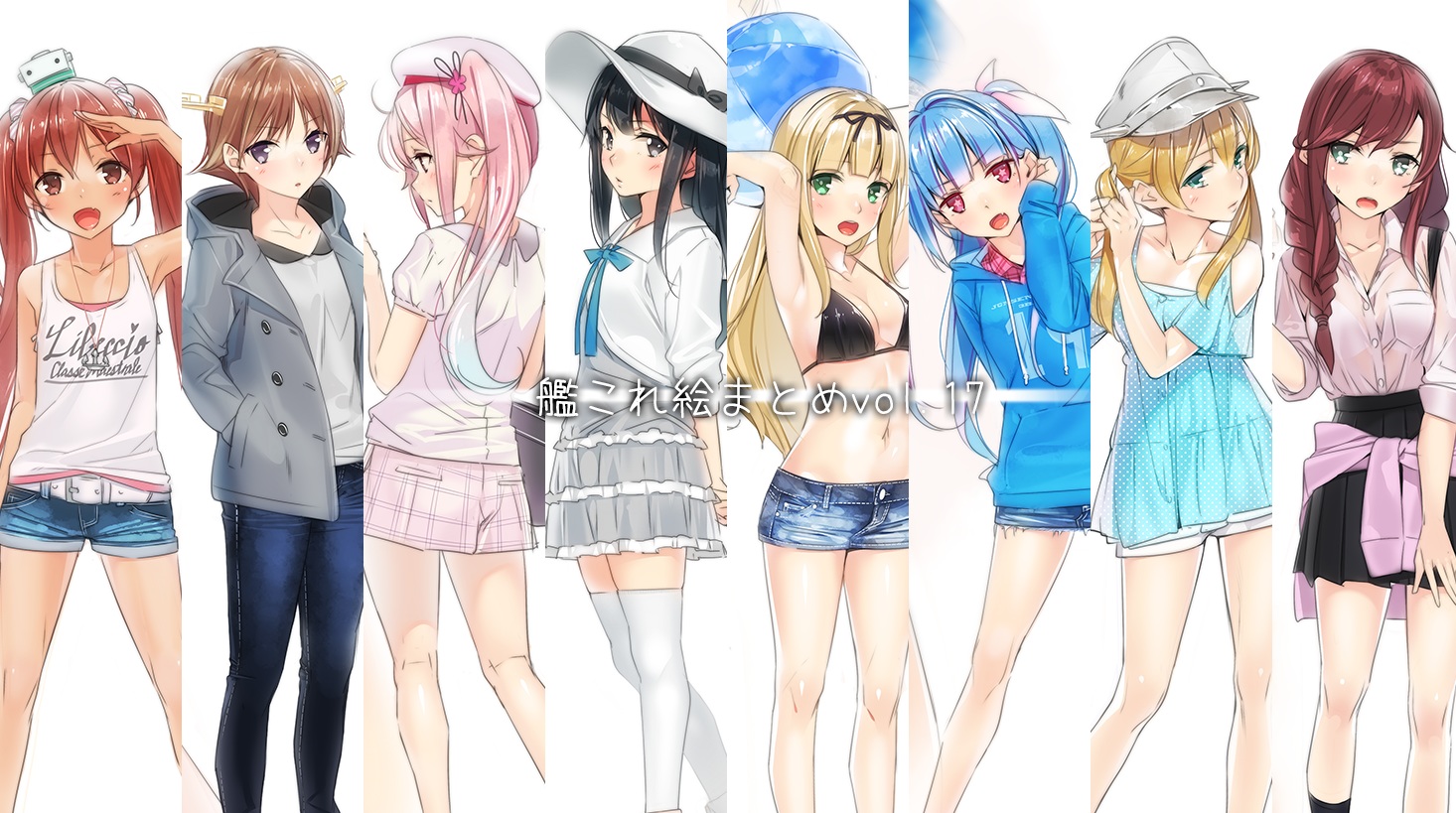 ama_mitsuki, anthropomorphism, aqua_hair, asashio_(kancolle), bikini_top, black_eyes, black_hair, blonde_hair