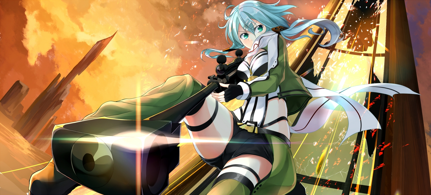 blue_hair, gochiwa, green_eyes, gun, gun_gale_online, shinon_(sao), shorts, sunset, sword_art_online, weapon
