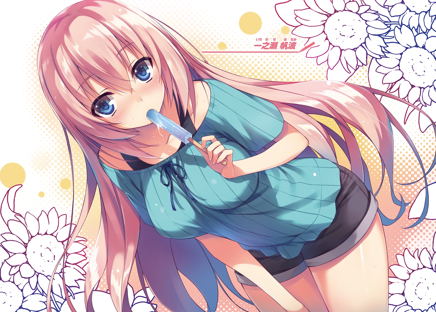 aqua_eyes, blush, breasts, ichinose_honami_(elite), long_hair, pink_hair, popsicle, shorts, tomose_shunsaku, youkoso_jitsuryoku_shijou_shugi_no_kyoushitsu_e