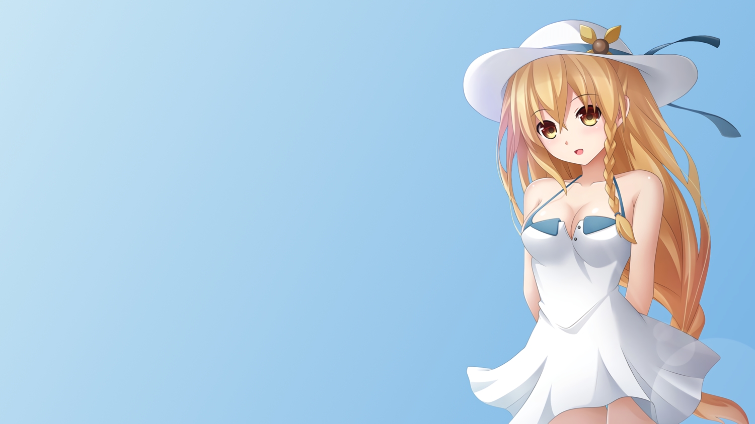 blonde_hair, braids, brown_eyes, dress, gradient, hat, hyperdimension_neptunia_vii, kaku-san-sei_million_arthur, keenh, long_hair, million_arthur, summer_dress, third-party_edit