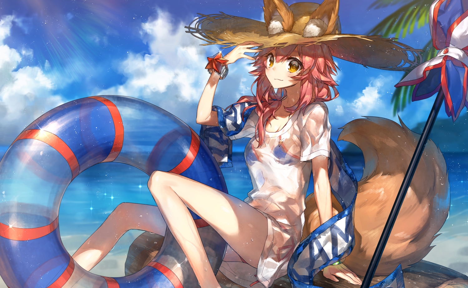 animal_ears, beach, bikini, chokoan_(tyokoa5659), clouds, fate/grand_order, fate_(series), foxgirl, hat, orange_eyes, pink_hair, see_through, sky, swim_ring, swimsuit, tail, tamamo_no_mae_(fate), waifu2x, water, wet, wristwear