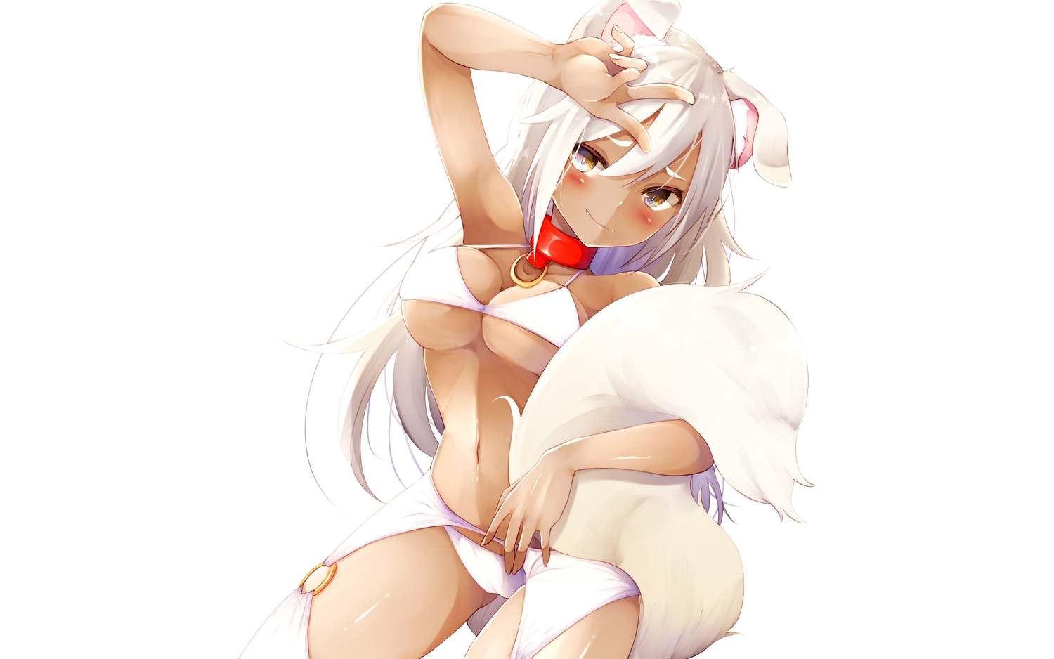 animal_ears, bikini, blush, breasts, cameltoe, chita_(ketchup), collar, dark_skin, fang, garter_belt, long_hair, navel, original, stockings, swimsuit, tail, thighhighs, underboob, white, white_hair