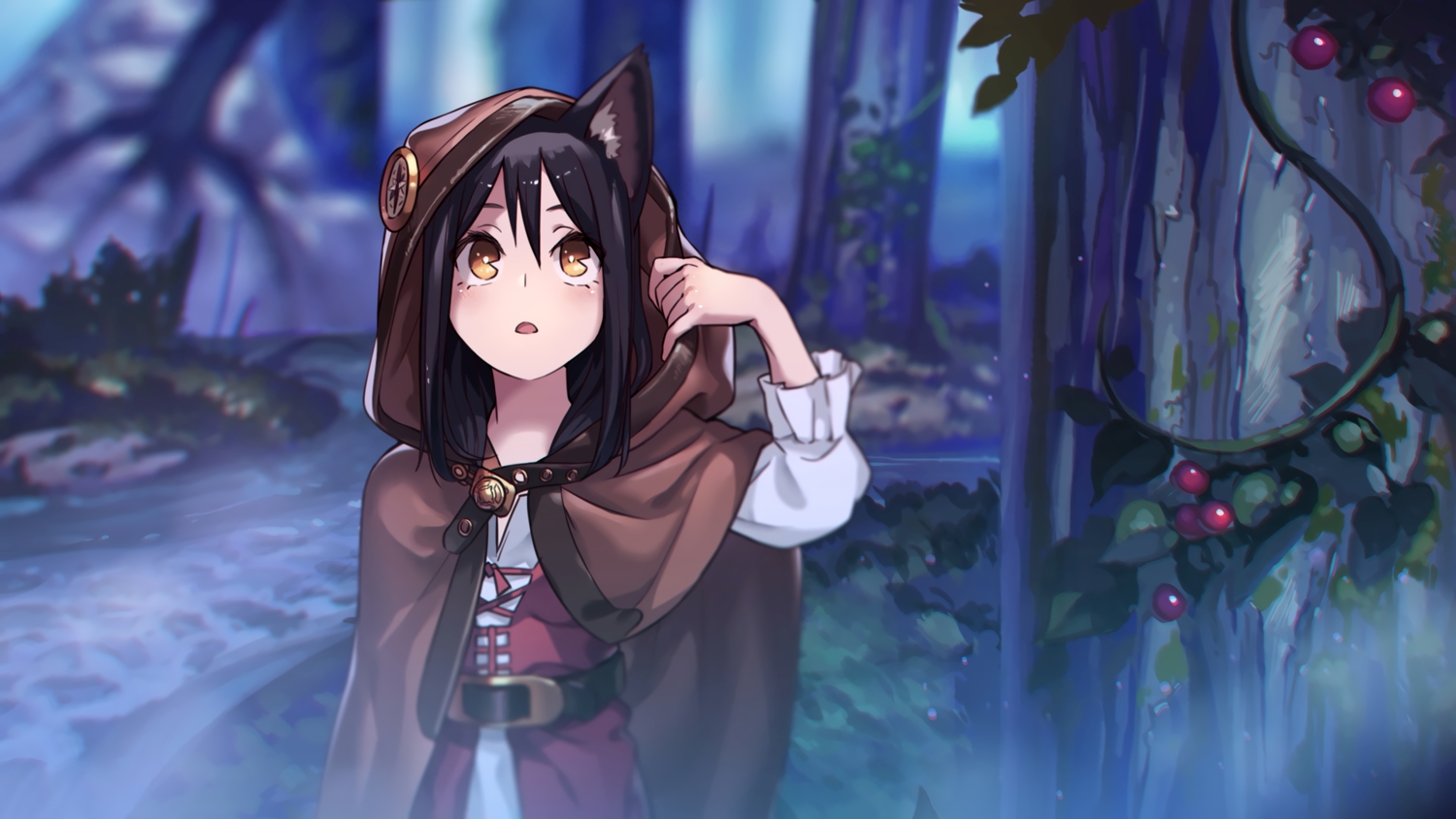 animal_ears, black_hair, brown_eyes, cape, hood, kento1202, leaves, night, original, third-party_edit, tree