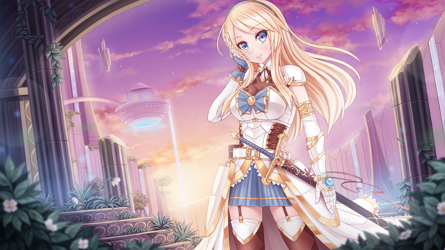 blonde_hair, blue_eyes, crystalline, jpeg_artifacts, leanna_dawn, long_hair, ribbons, sunimu