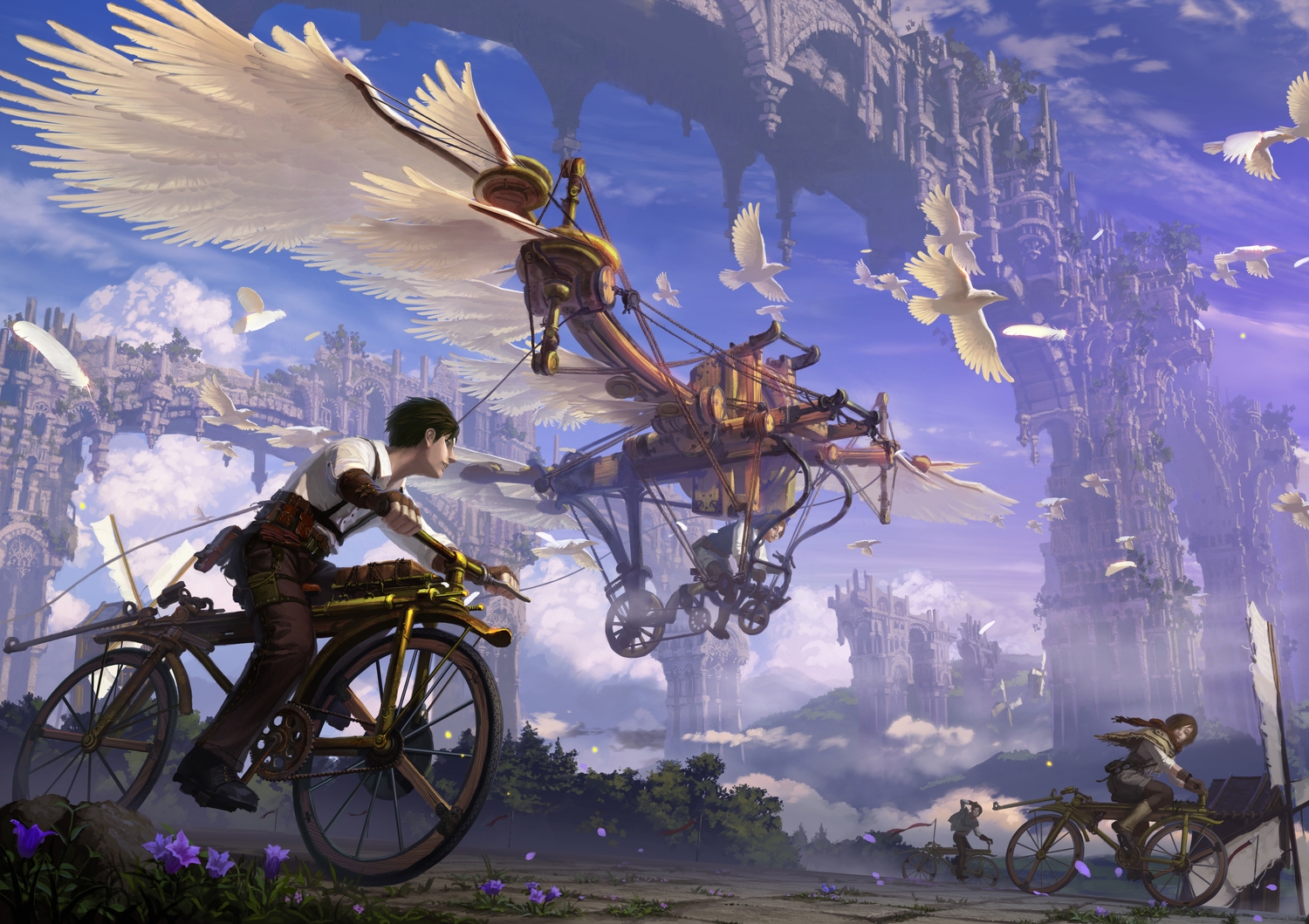 aircraft, animal, bicycle, bird, building, city, feathers, flowers, grass, group, male, original, reishin_(tenpurasoba), ruins, scenic