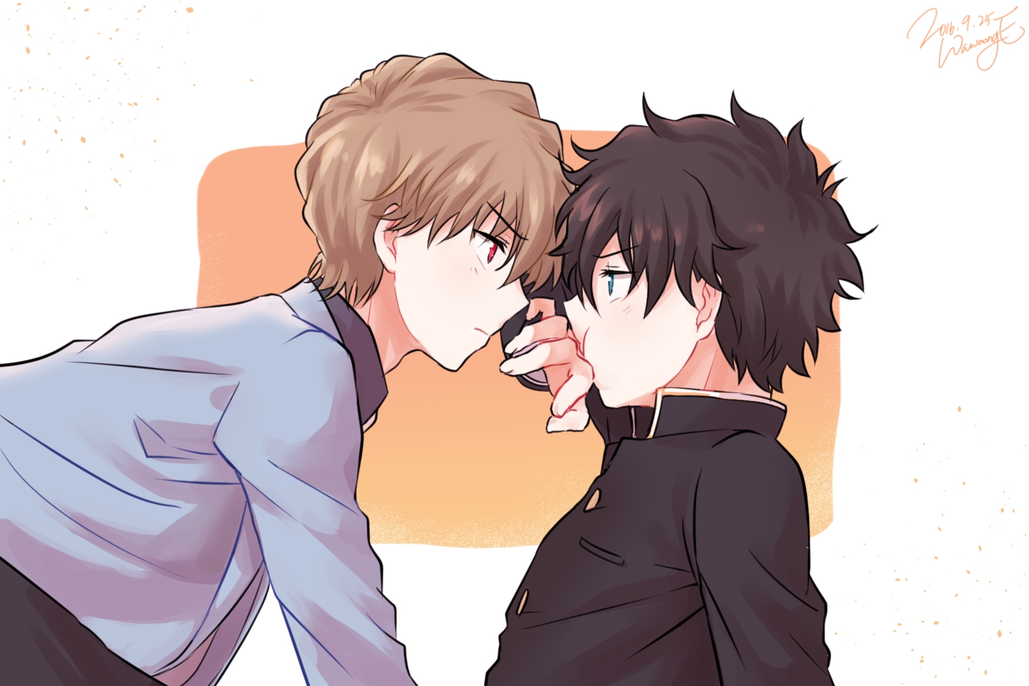 all_male, aqua_eyes, brown_hair, detective_conan, hakuba_saguru, kuroba_kaitou, male, red_eyes, school_uniform, shounen_ai, wawoong