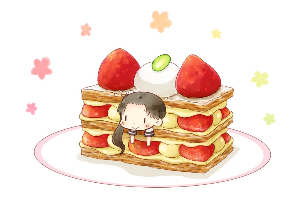 anthropomorphism, ayanami_(kancolle), brown_hair, chibi, food, fruit, hinata_yuu_(artist), kantai_collection