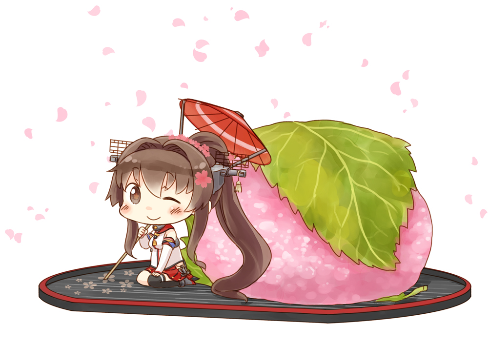 anthropomorphism, blush, brown_eyes, brown_hair, cherry_blossoms, chibi, flowers, food